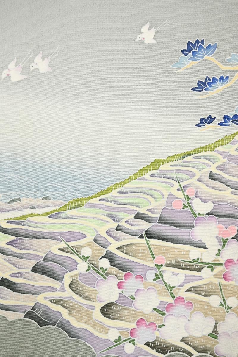 銀座【B-4245】京友禅作家 松本健一 染三ッ紋 色留袖 銀鼠色 風景文