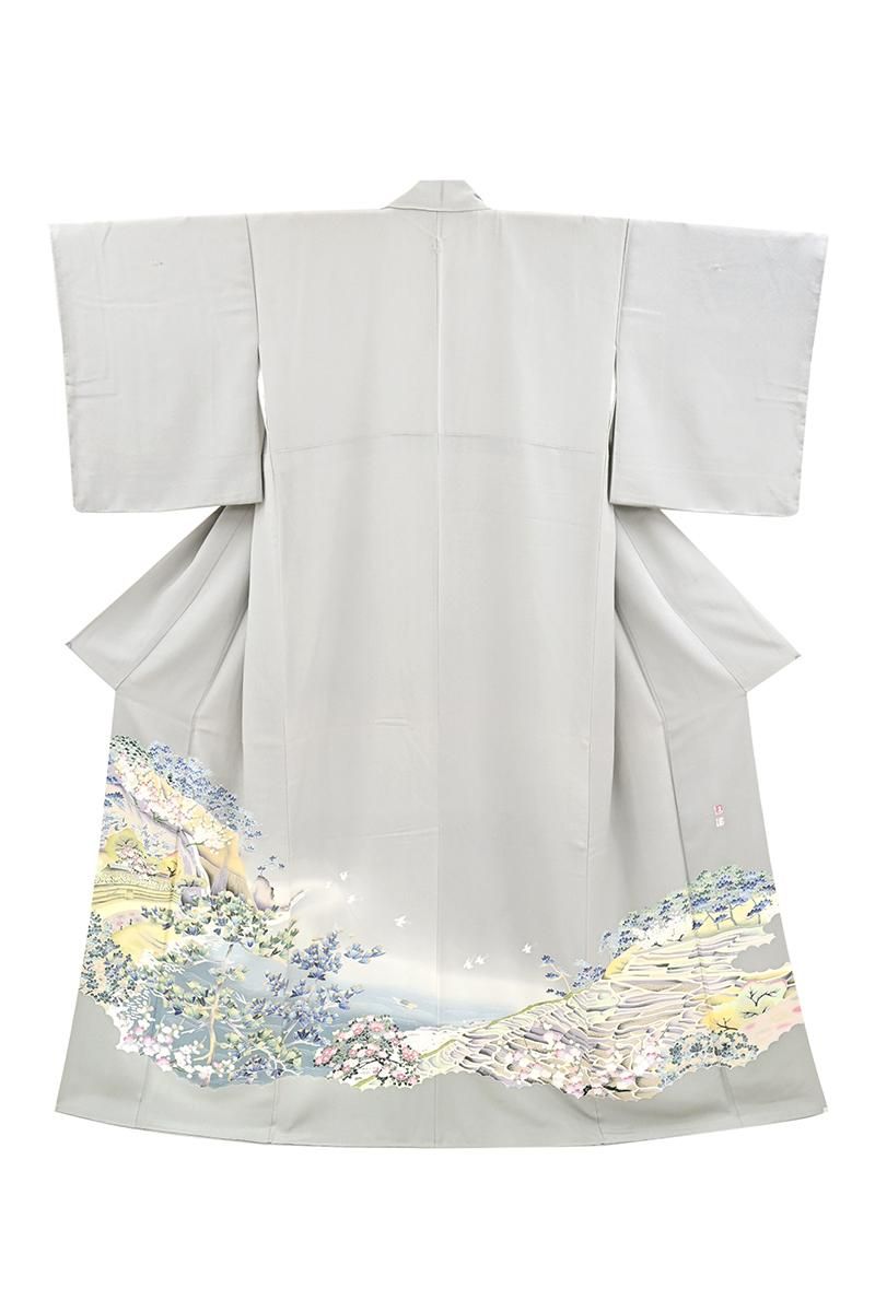 銀座【B-4245】京友禅作家 松本健一 染三ッ紋 色留袖 銀鼠色 風景文