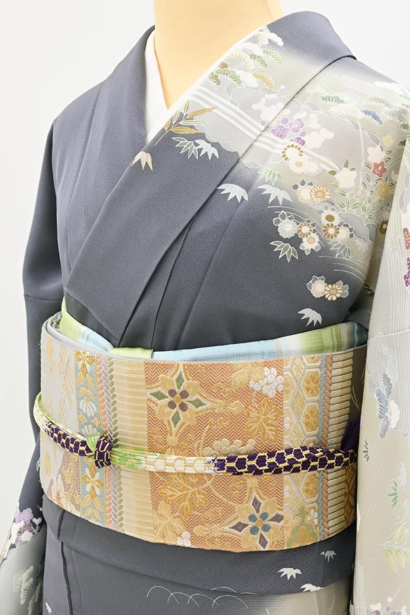 銀座【L-8436】西陣 藤原織物製 灰色 横段に威毛や花唐草など