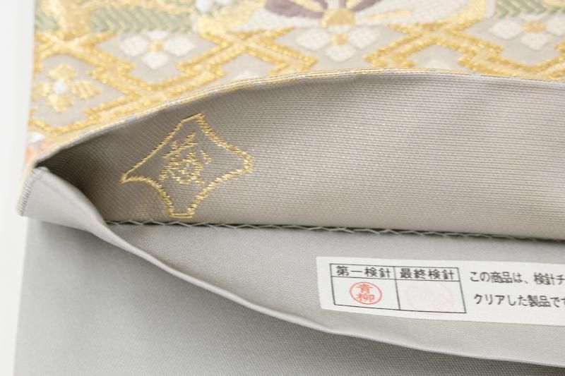 銀座【L-8436】西陣 藤原織物製 灰色 横段に威毛や花唐草など（落款入