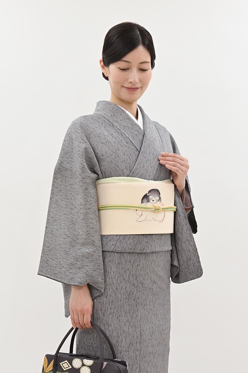 銀座【H-0751】塩瀬地 染名古屋帯 乳白色 狗児 - 銀座きもの青木