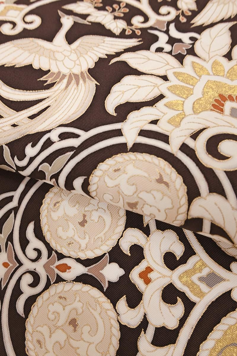 銀座【H-0748】塩瀬地 開き染名古屋帯 桧皮色 華文 - 銀座きもの