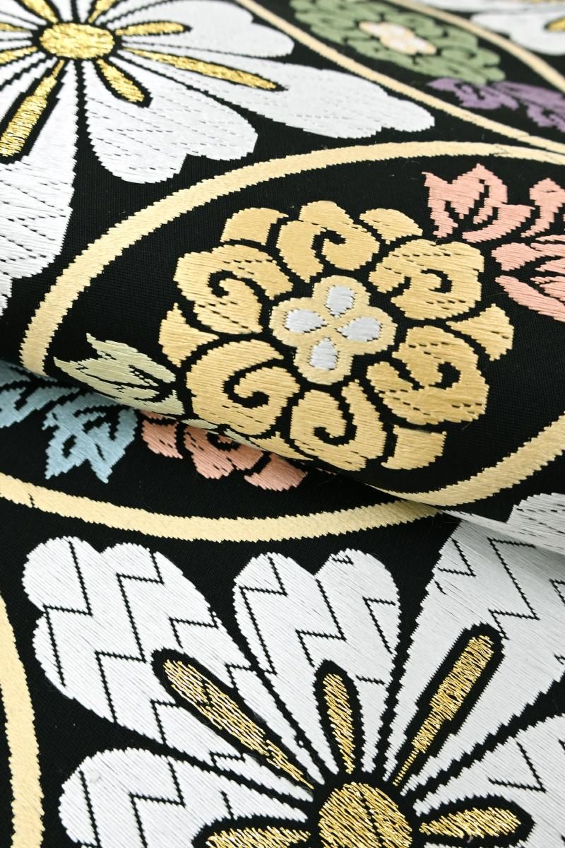 銀座【L-8444】西陣 白寿苑製 袋帯 黒色 七宝花菱文（証紙付