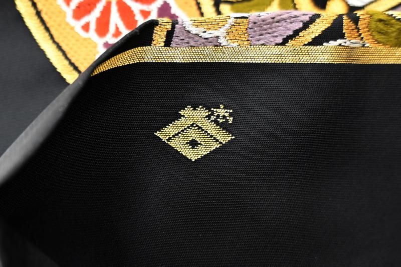 銀座【L-8445】西陣 本家加納製 袋帯 黒色 七宝花菱文（落款入