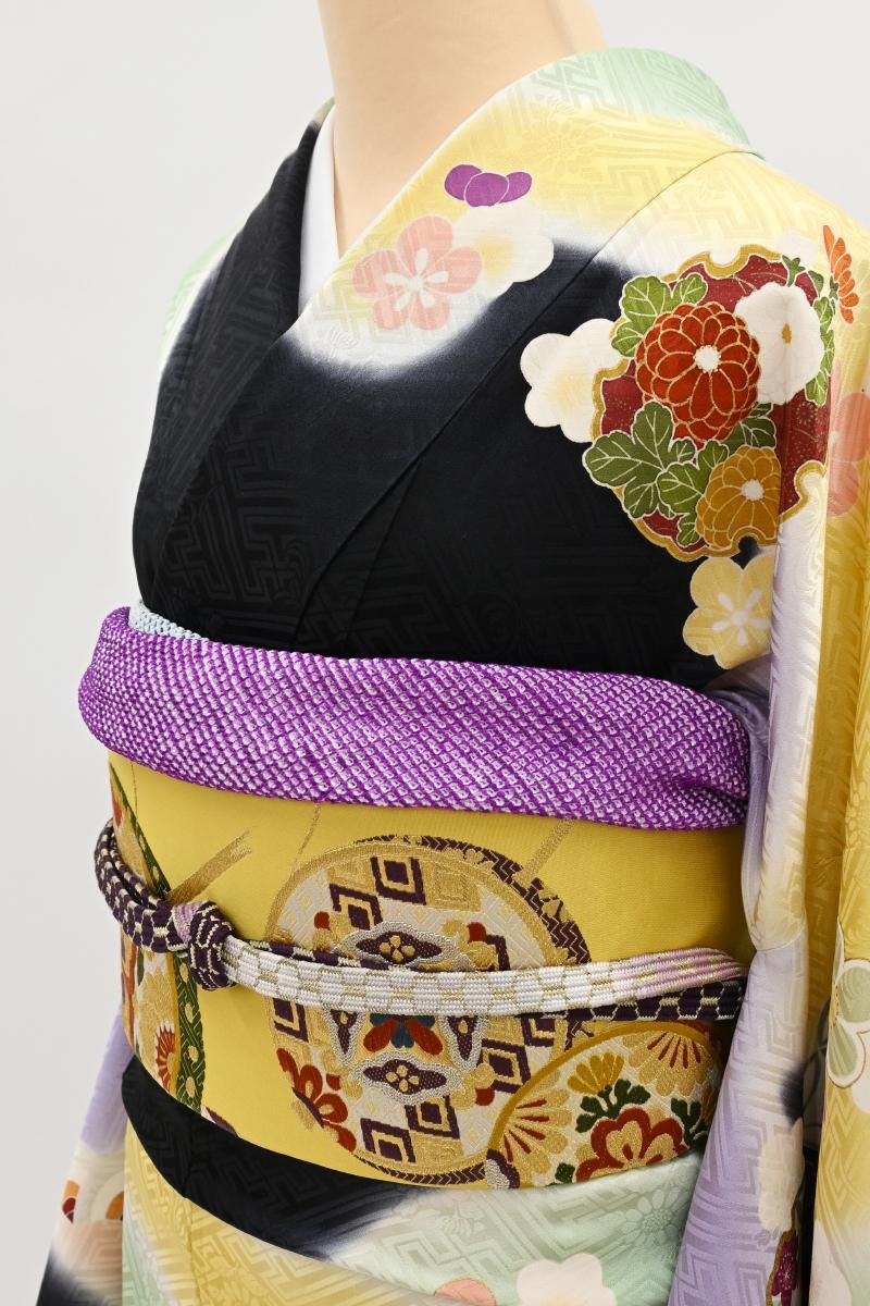 銀座【L-8446】西陣 洛陽織物製 袋帯 金糸雀色 子供祭り文（落款入