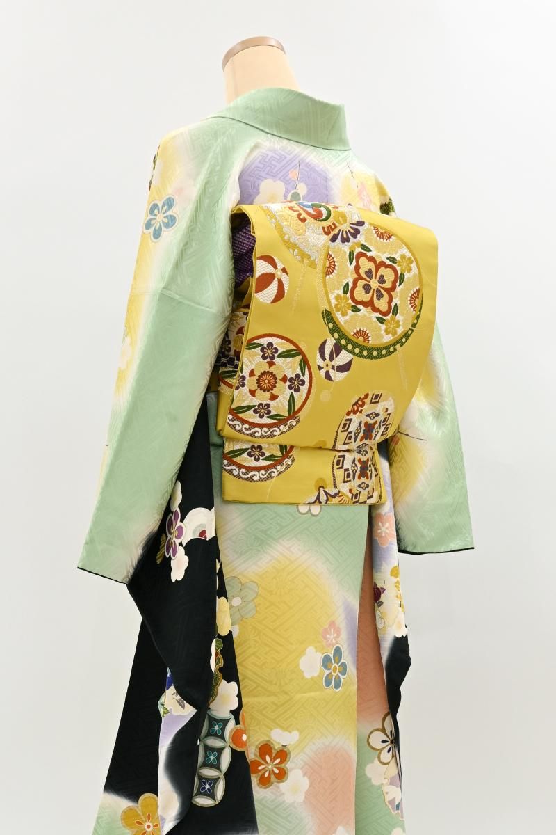 銀座【L-8446】西陣 洛陽織物製 袋帯 金糸雀色 子供祭り文（落款入