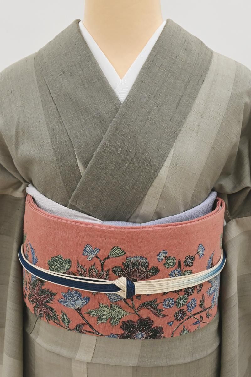 銀座【H-0765】Reisia 染名古屋帯 長春色 更紗花文（反端付） - 銀座