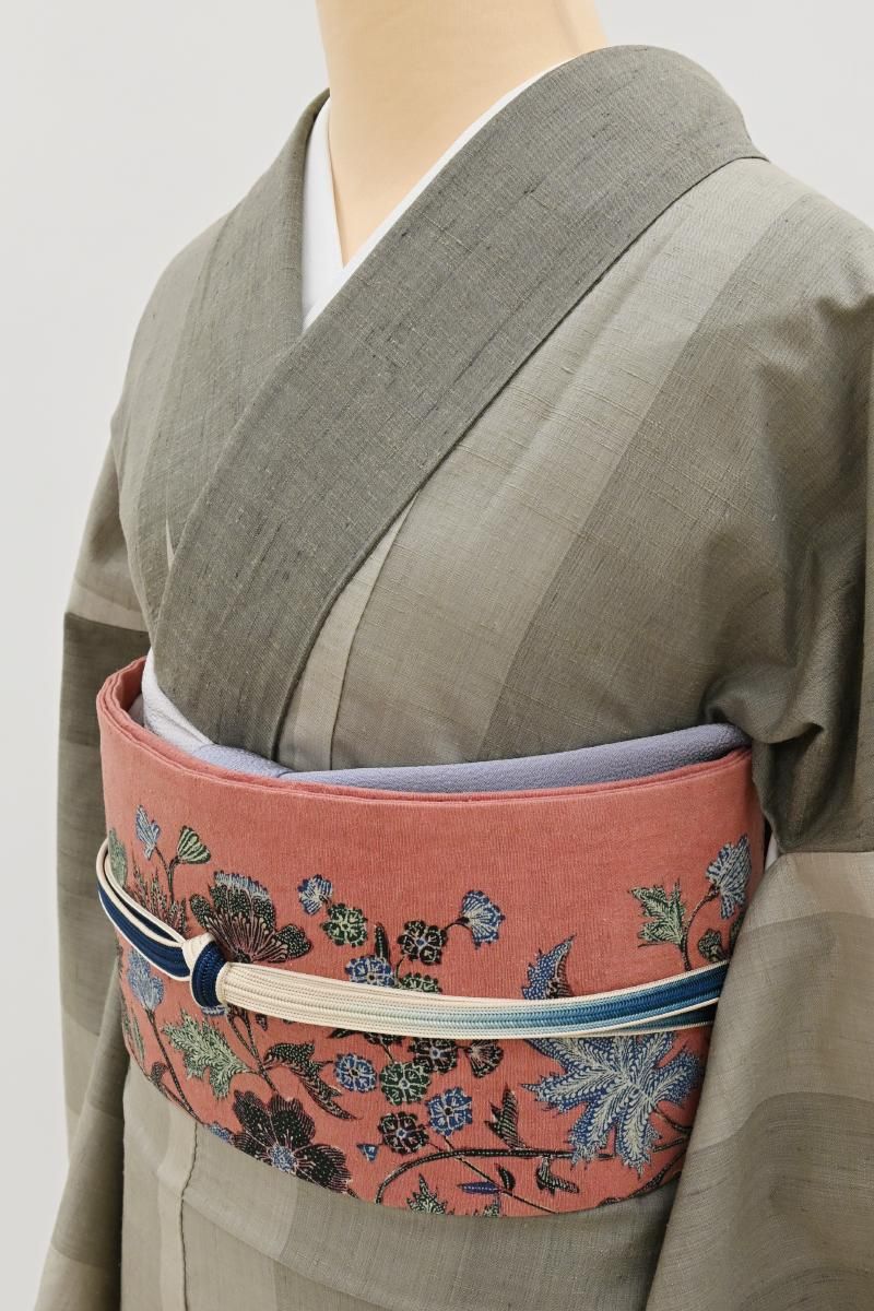 銀座【H-0765】Reisia 染名古屋帯 長春色 更紗花文（反端付） - 銀座