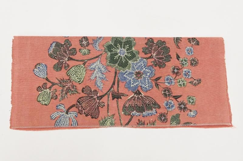 銀座【H-0765】Reisia 染名古屋帯 長春色 更紗花文（反端付） - 銀座