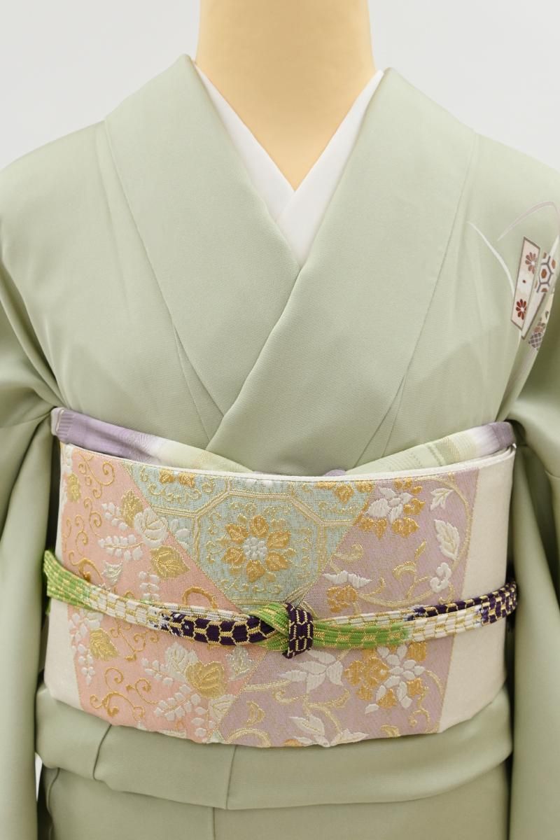 銀座【L-8458】西陣製 袋帯 乳白色 裂取りに名物裂など（証紙付