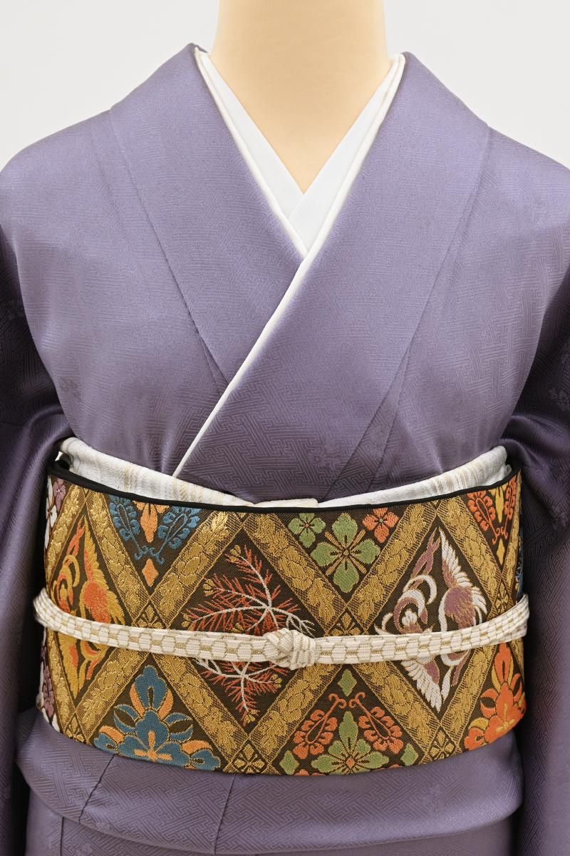 未着用　袋帯　藍染　花菱　縦縞　立涌　リーフ　ブルー　着物　115a d お仕立済み】桐生織 京袋帯(花菱丸紋：紺) 京袋帯 【きもの都粋】