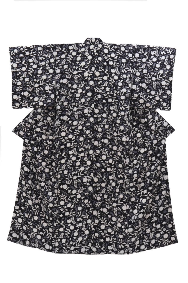 銀座【D-3919】小紋 黒色 花唐草文:身丈161/裄68 - 銀座きもの青木