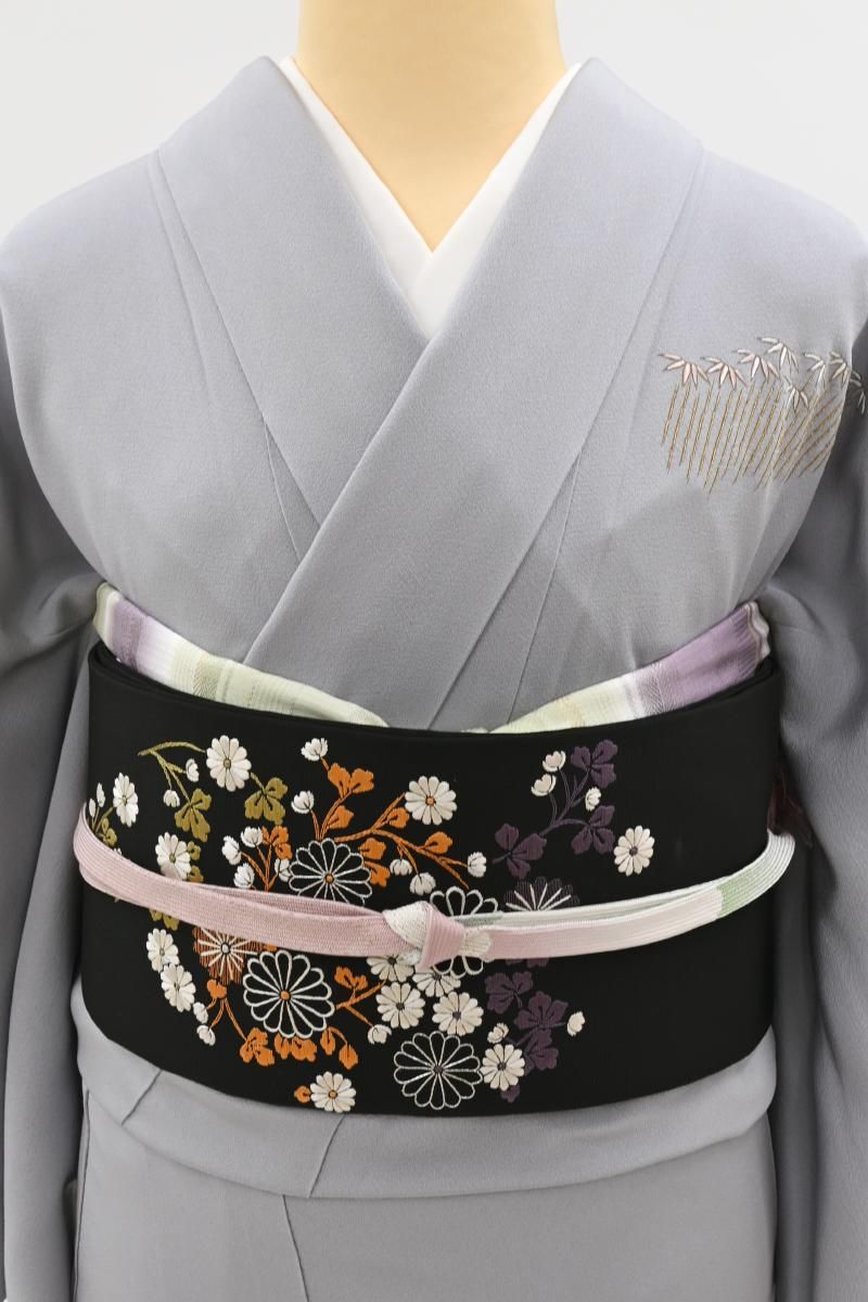 銀座【L-8461】刺繍 袋帯 黒色 菊の図 - 銀座きもの青木｜長く