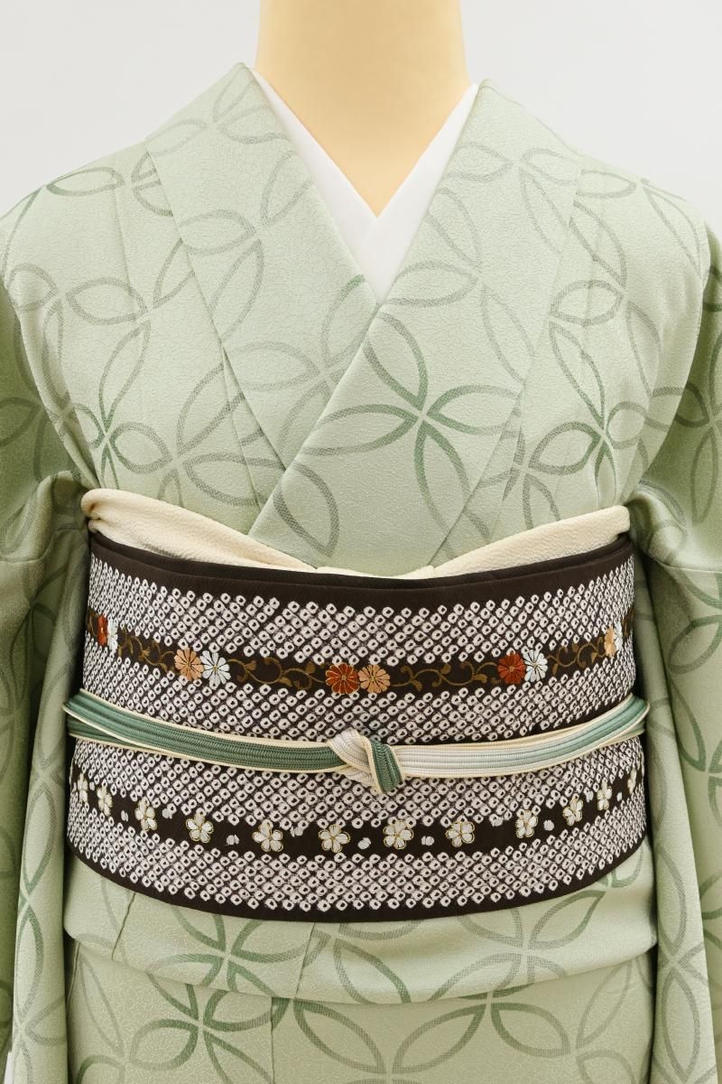 銀座【H-0779】絞り染め 名古屋帯 桧皮色 疋田の横段に花文