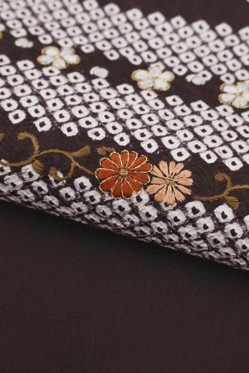 紬　付下げ　摺り疋田　草花 銀座【H-0779】絞り染め 名古屋帯 桧皮色 疋田の横段に花文