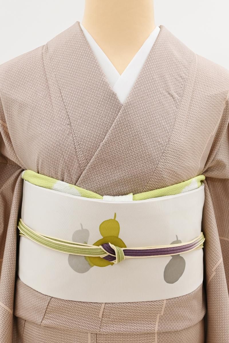 【連休限定セール】紫色 名古屋帯 塩瀬 白い花模様 菖蒲 高久空木 落款 銀座【H-0781】高久空木作 塩瀬地 染名古屋帯 淡い灰色 六瓢文