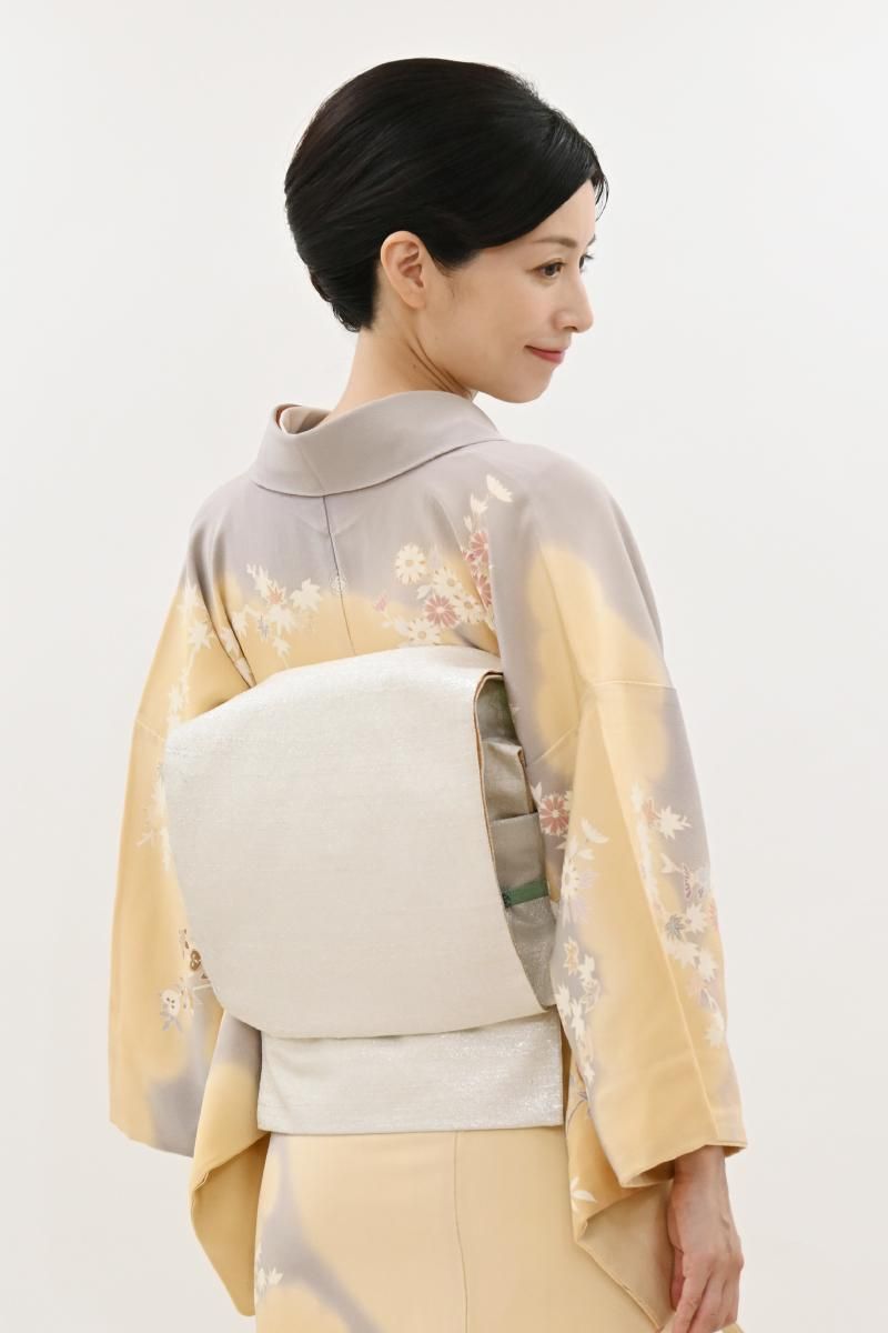 銀座【L-8453】桝屋高尾製 ねん金綴錦 袋帯 銀色 段霞文（落款入