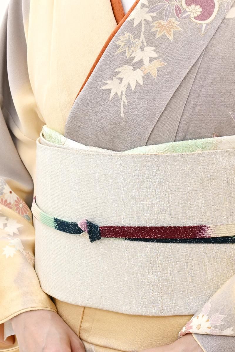 銀座【L-8453】桝屋高尾製 ねん金綴錦 袋帯 銀色 段霞文（落款入