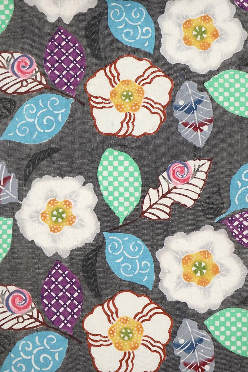 銀座【帯5763】荒川眞理子作 型絵染 紬地 名古屋帯 銘「沙羅樹