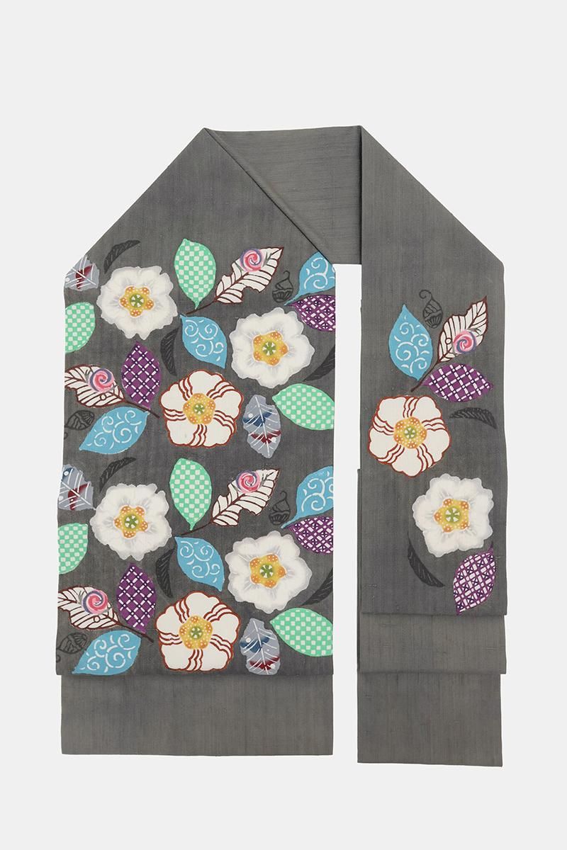 銀座【帯5763】荒川眞理子作 型絵染 紬地 名古屋帯 銘「沙羅樹