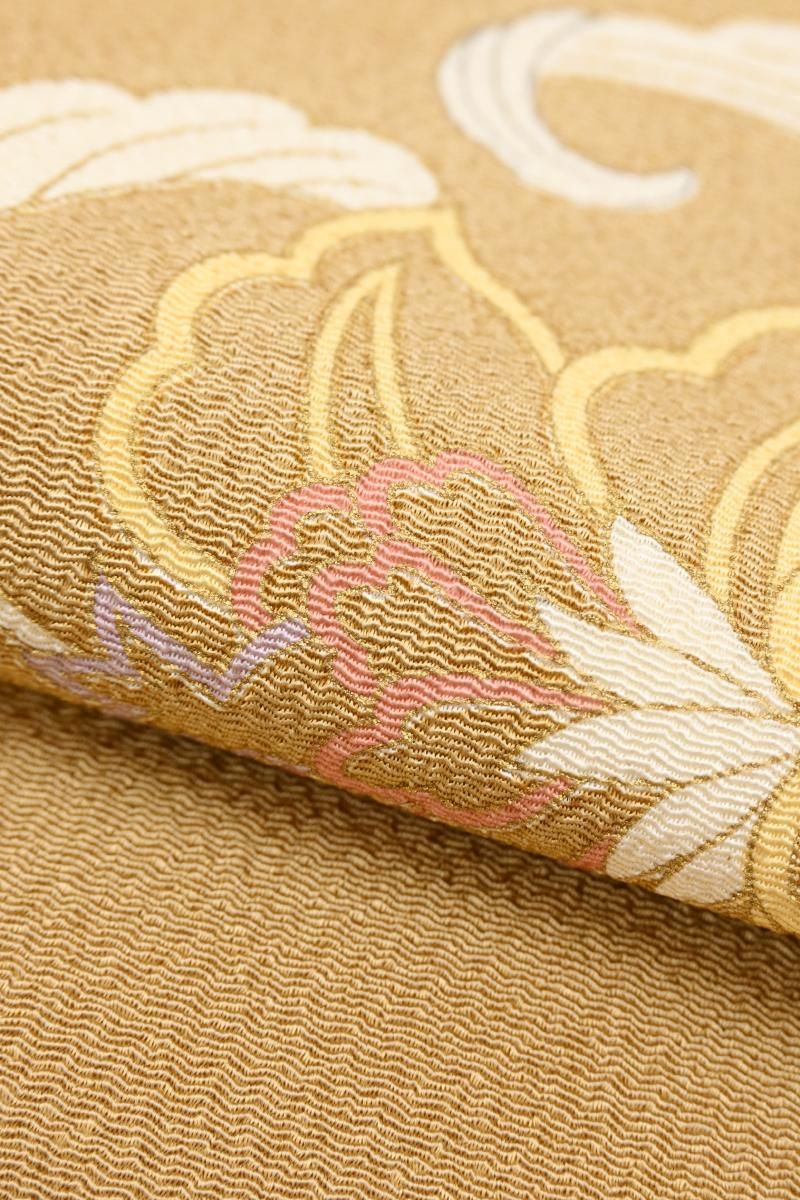 銀座【H-0784】縮緬地 染名古屋帯 幹色 花唐草文 - 銀座きもの青木