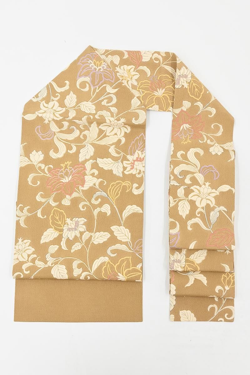 銀座【H-0784】縮緬地 染名古屋帯 幹色 花唐草文 - 銀座きもの青木