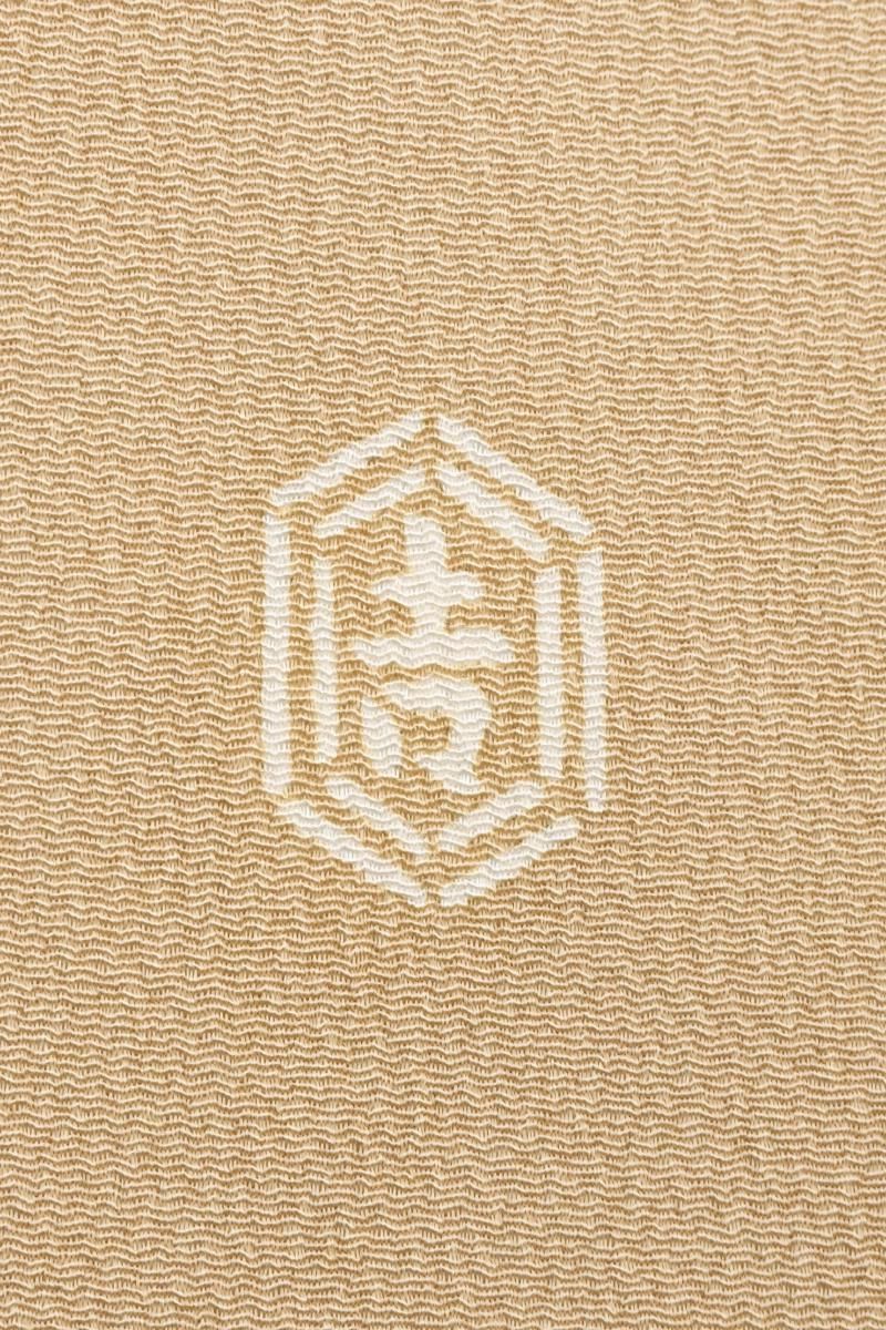 あおき【H-0785】栗山工房製 縮緬地 型染 名古屋帯 淡い鳥の子色 菊や