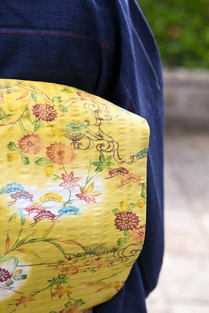 銀座【帯5775】紬地 型絵染 名古屋帯 象牙色 風景図 - 銀座きもの青木