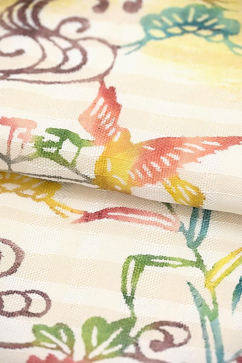 銀座【帯5775】紬地 型絵染 名古屋帯 象牙色 風景図 - 銀座きもの青木