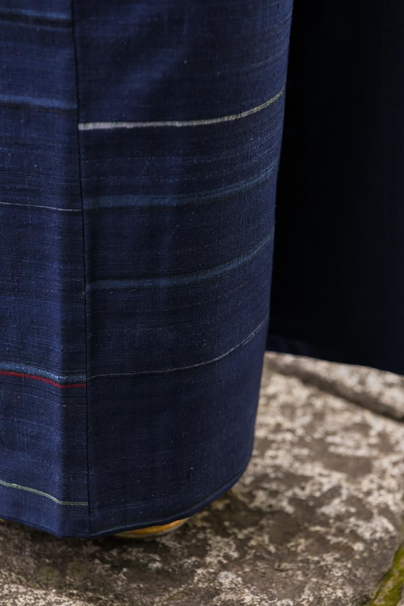 銀座【着物4624】郡上紬 藍色 横段（反端付）:身丈165/裄67.5 - 銀座