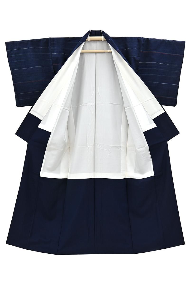 銀*母様 着物 裄67 希少 郡上紬 正絹 格子 藍染め 内側ガードU-8358 銀*母様 着物 裄67 希少 郡上紬 正絹 格子 藍染め 内側ガードU