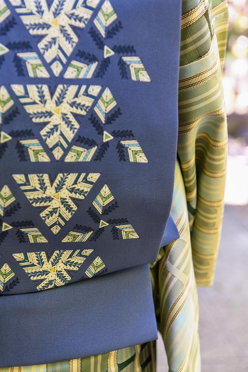 銀座【帯5786】人間国宝 鈴田滋人作 木版更紗 染名古屋帯（落款入