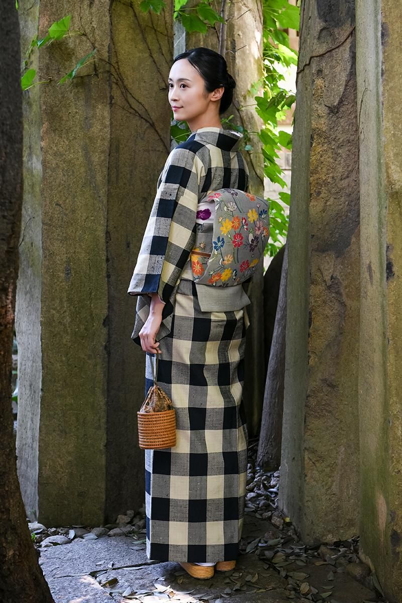 銀座【着物4633】ざざんざ織 単衣 着物 弁慶格子 :身丈157/裄65 - 銀座