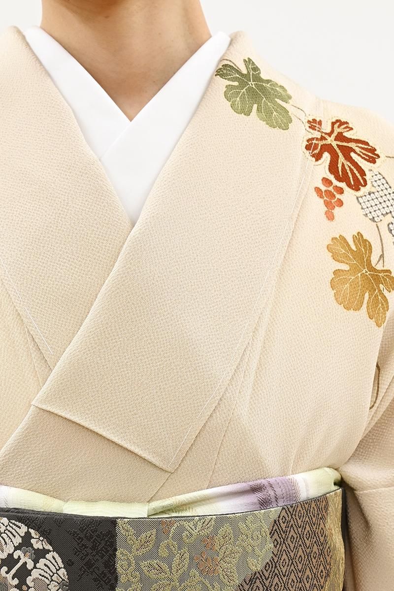 銀座【B-4264】縮緬地 訪問着 素色 葡萄の図 :身丈161.5/裄68 - 銀座