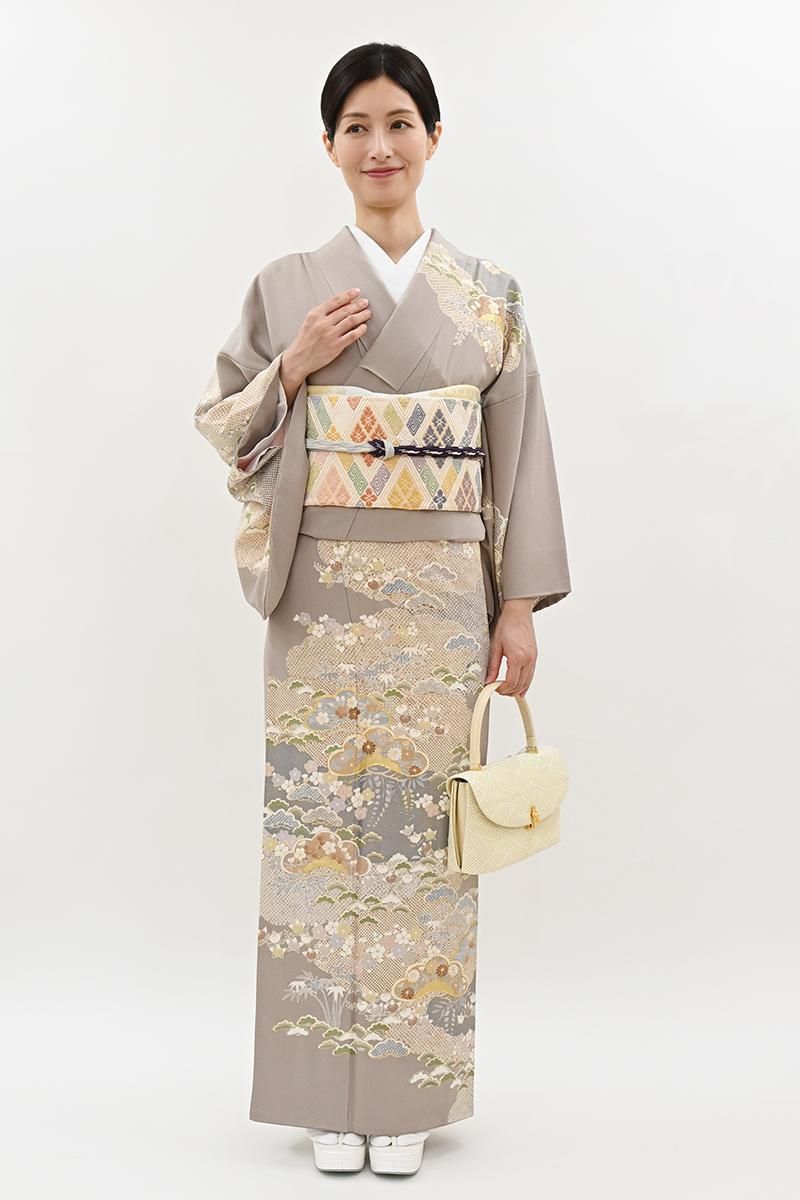銀座【B-4265】訪問着 桜鼠色 疋田の雲に松など :身丈157.5/裄67