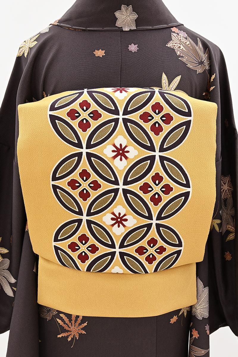 5k2349 名古屋帯　絹　剣片喰紋　刺繍　落款　ピンク　金色　銀色　緑　花柄 名古屋帯「金銀ハギ刺繍」 | 着物ショップKosode