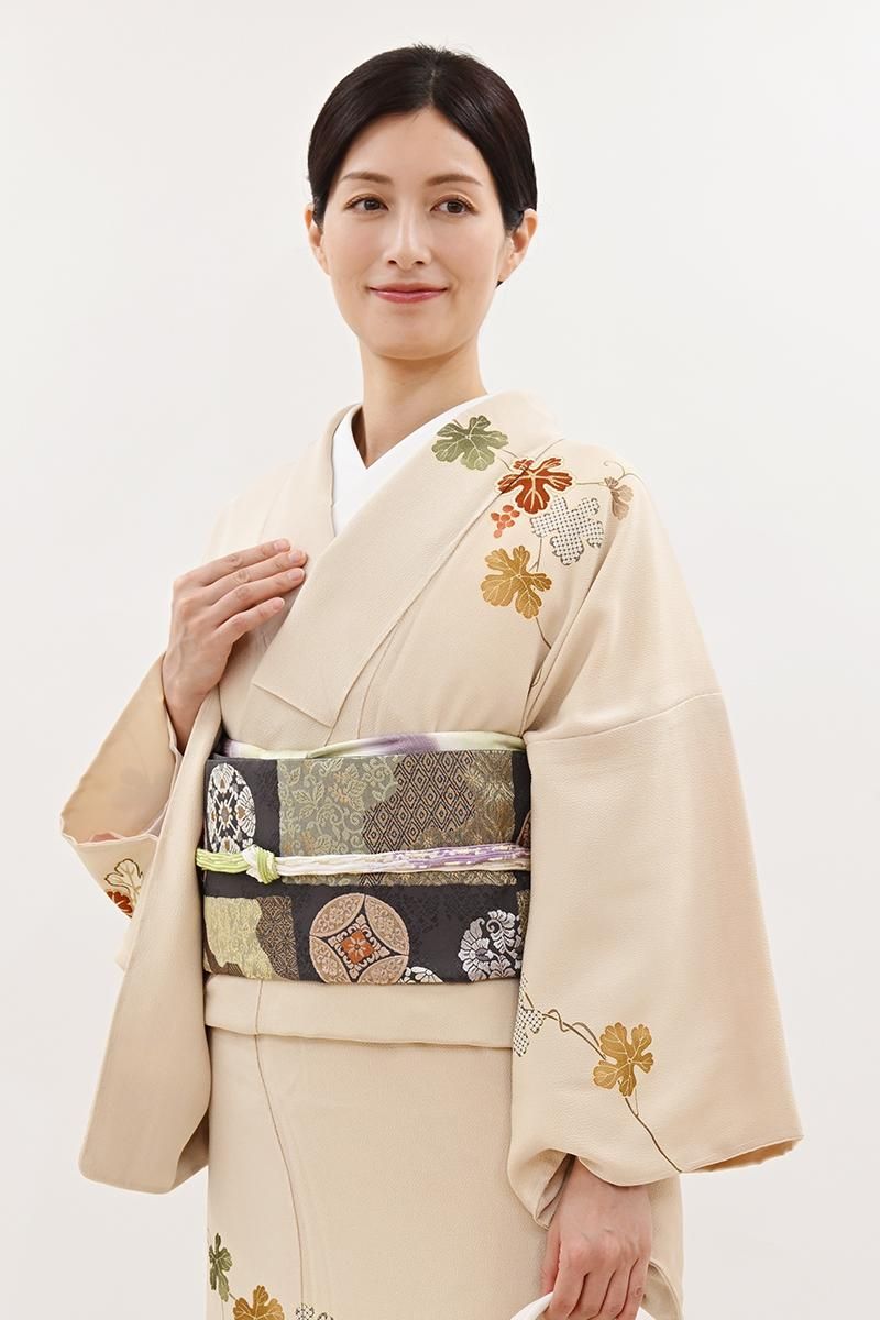 銀座【L-8455】袋帯 深い鳩羽鼠色 変わり市松に有職丸文 - 銀座