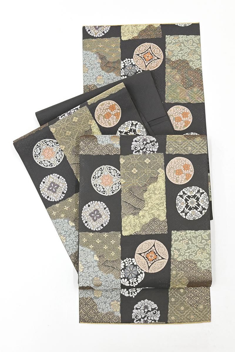 袋帯　市松　変わり格子　モノトーン　銀通し　着物　021a d 袋帯 市松 変わり格子 モノトーン 銀通し 着物 021a d