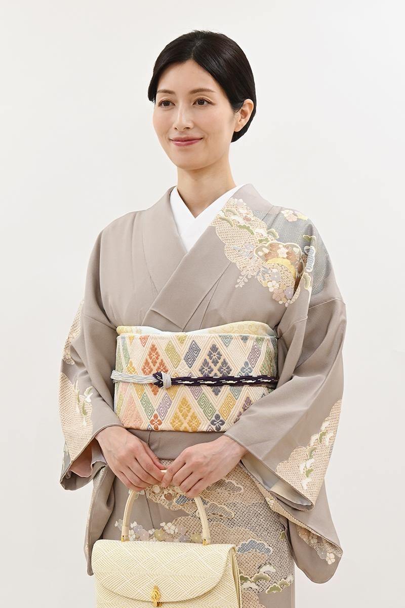 銀座【L-8456】袋帯 乳白色 多彩な花菱文 - 銀座きもの青木