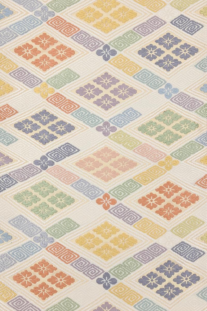 銀座【L-8456】袋帯 乳白色 多彩な花菱文 - 銀座きもの青木