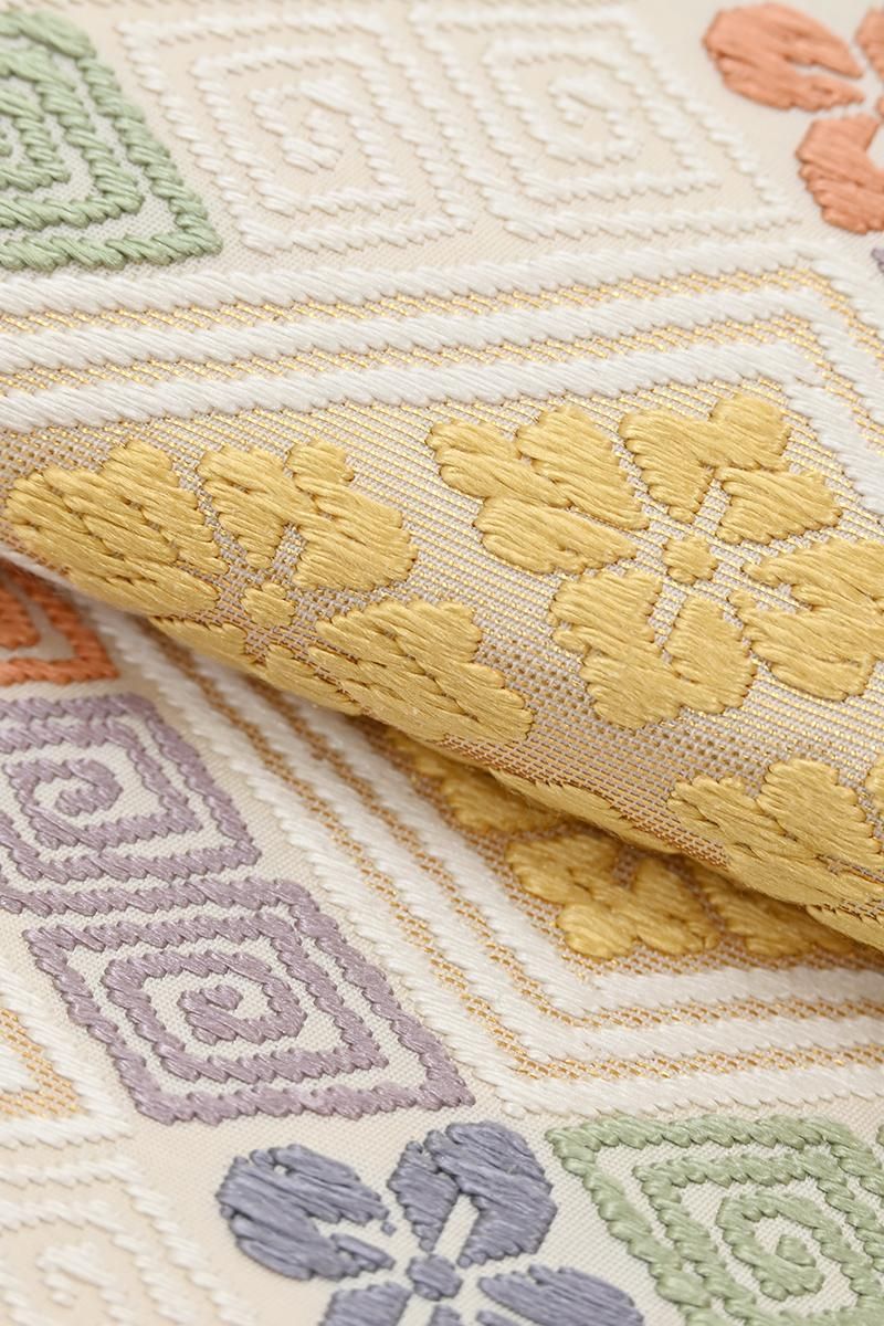 銀座【L-8456】袋帯 乳白色 多彩な花菱文 - 銀座きもの青木