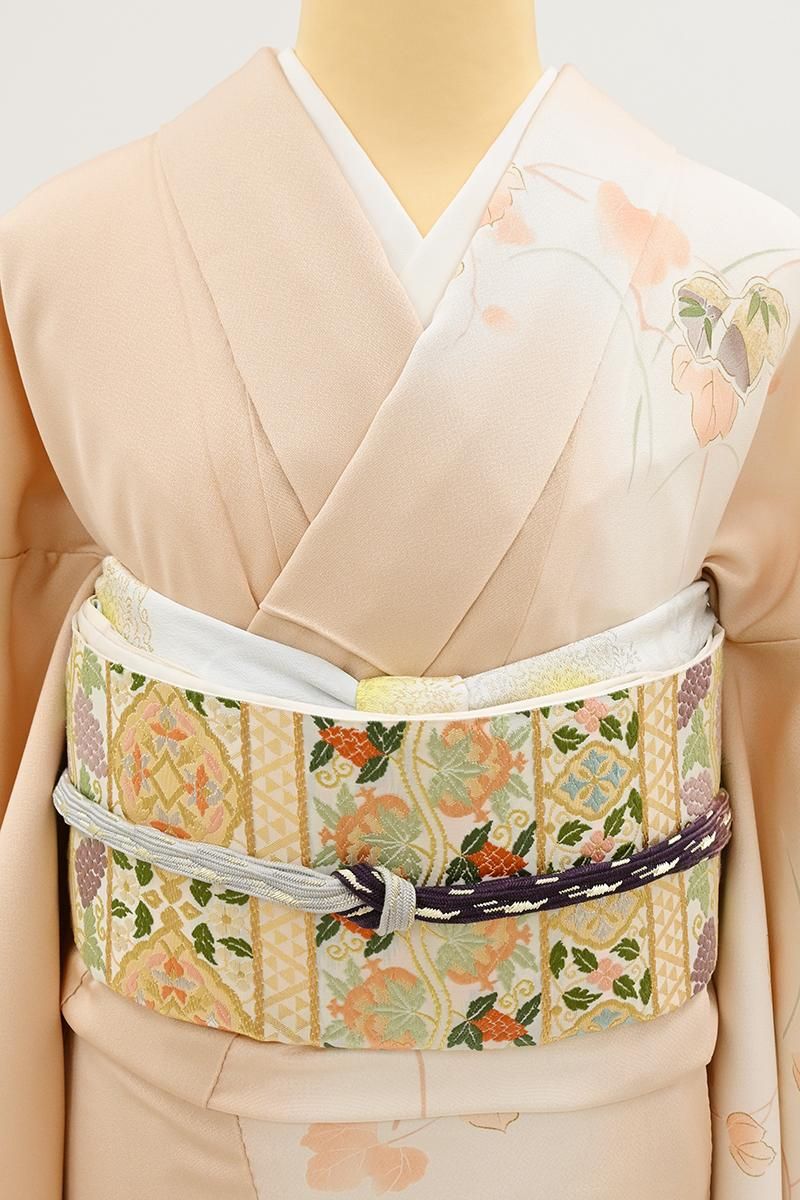 ☆ 袋帯 菊の花模様 銀通し 乳白色 O-3967 銀座【L-8478】西陣 山口美術織物製 袋帯 乳白色 横段に花実華文