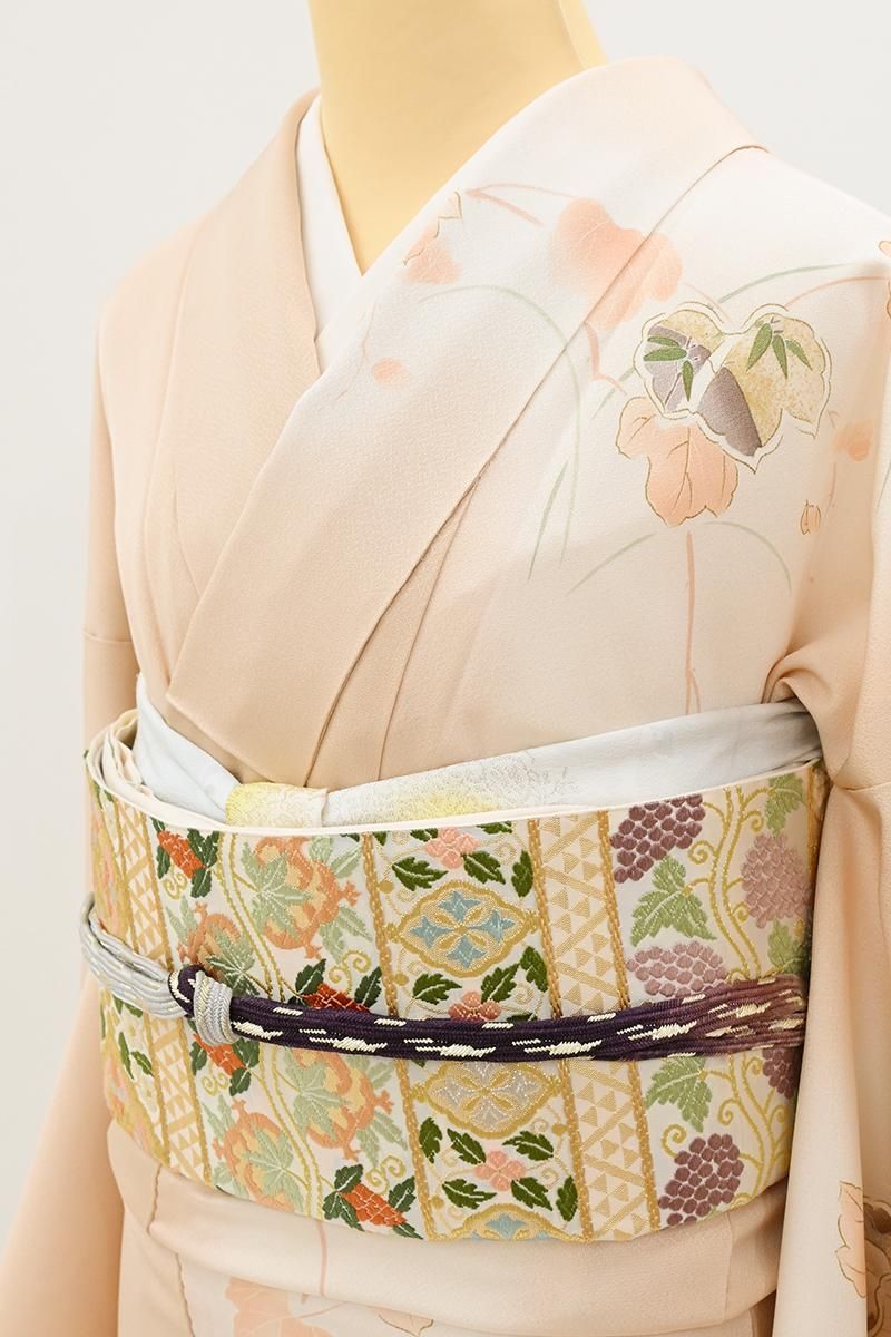 銀座【L-8478】西陣 山口美術織物製 袋帯 乳白色 横段に花実華文