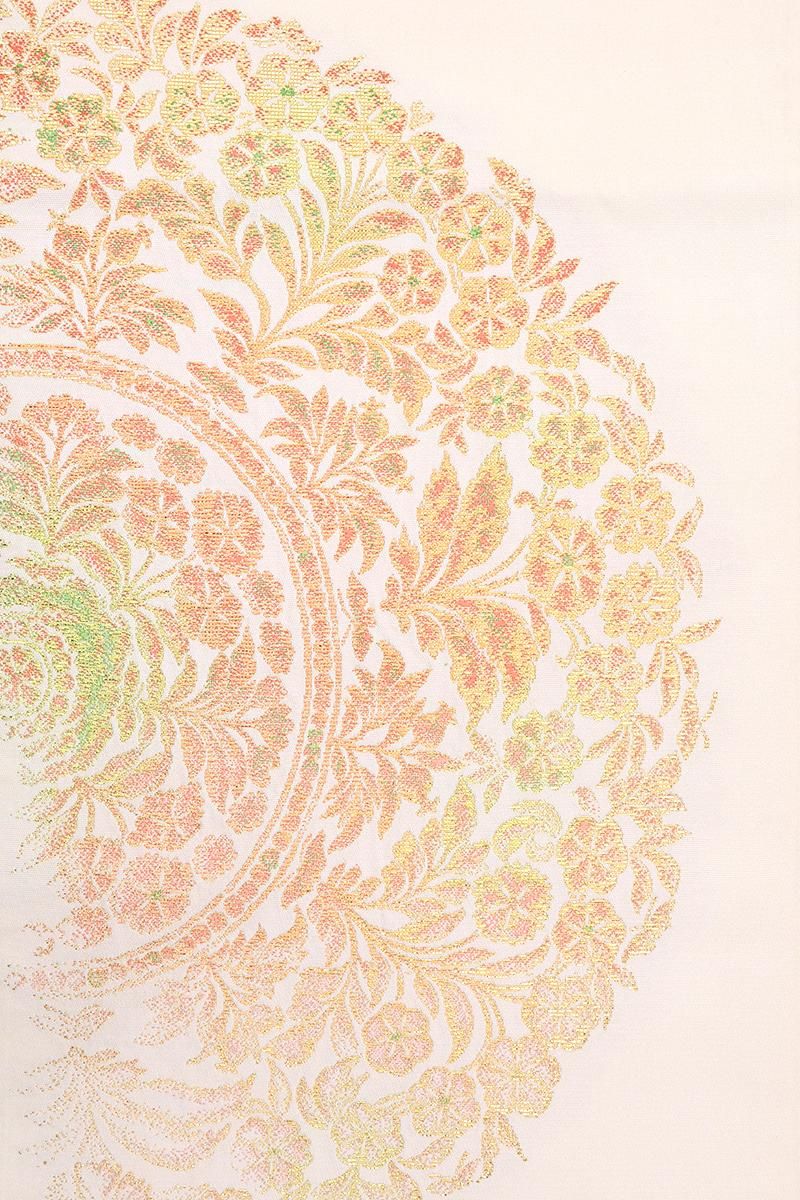 銀座【帯5790】龍村平蔵製 本袋帯 白色 銘「宝鏡唐華文」 - 銀座