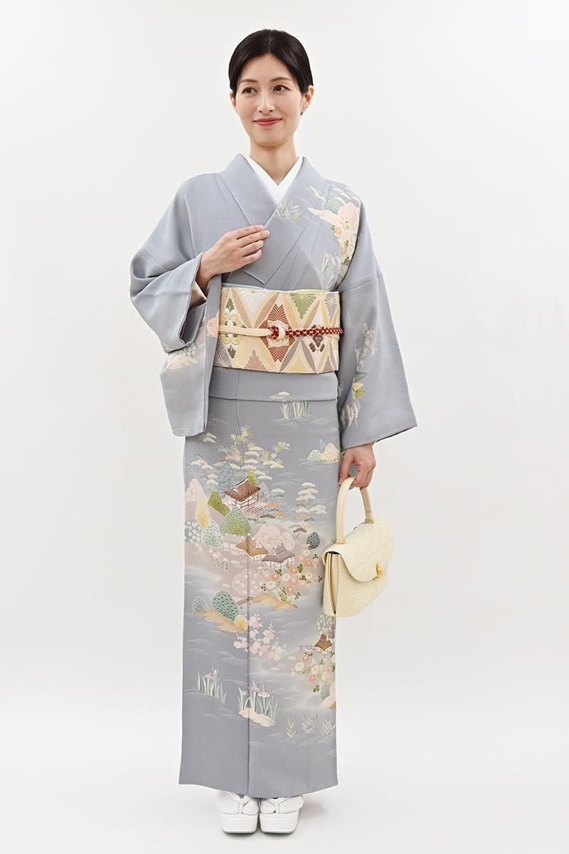 銀座【B-4260】縮緬地 訪問着 淡い灰青色 風景文（反端付） :身丈158