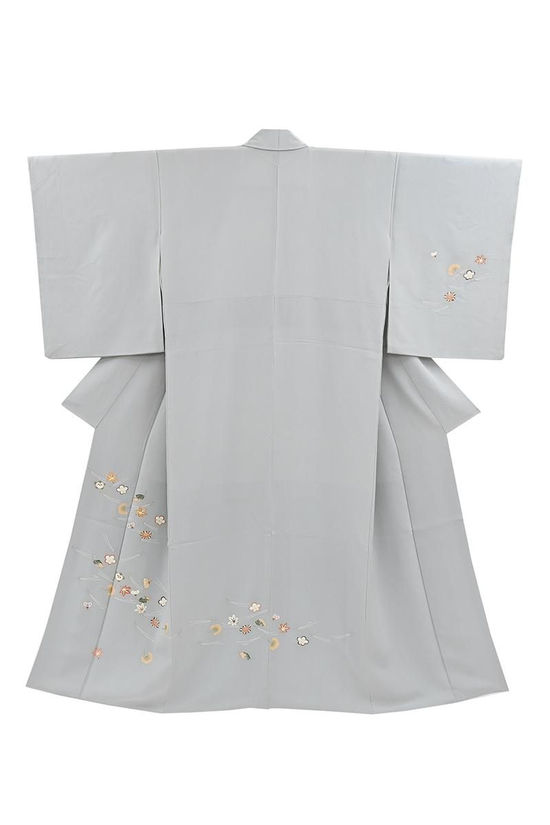 銀座【B-4288】縮緬地 付下げ 淡い深川鼠色 吹寄せ文:身丈151/裄64