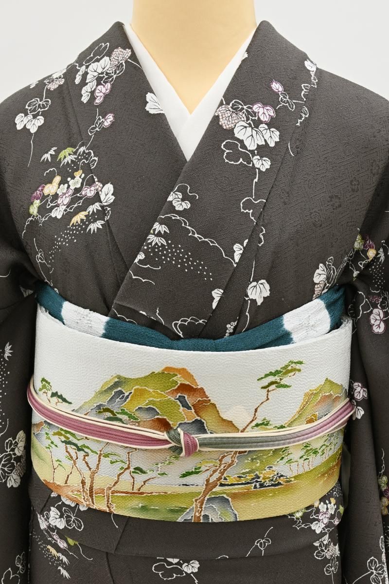 銀座【H-0791】縮緬地 染名古屋帯 淡い水縹色 風景文 - 銀座