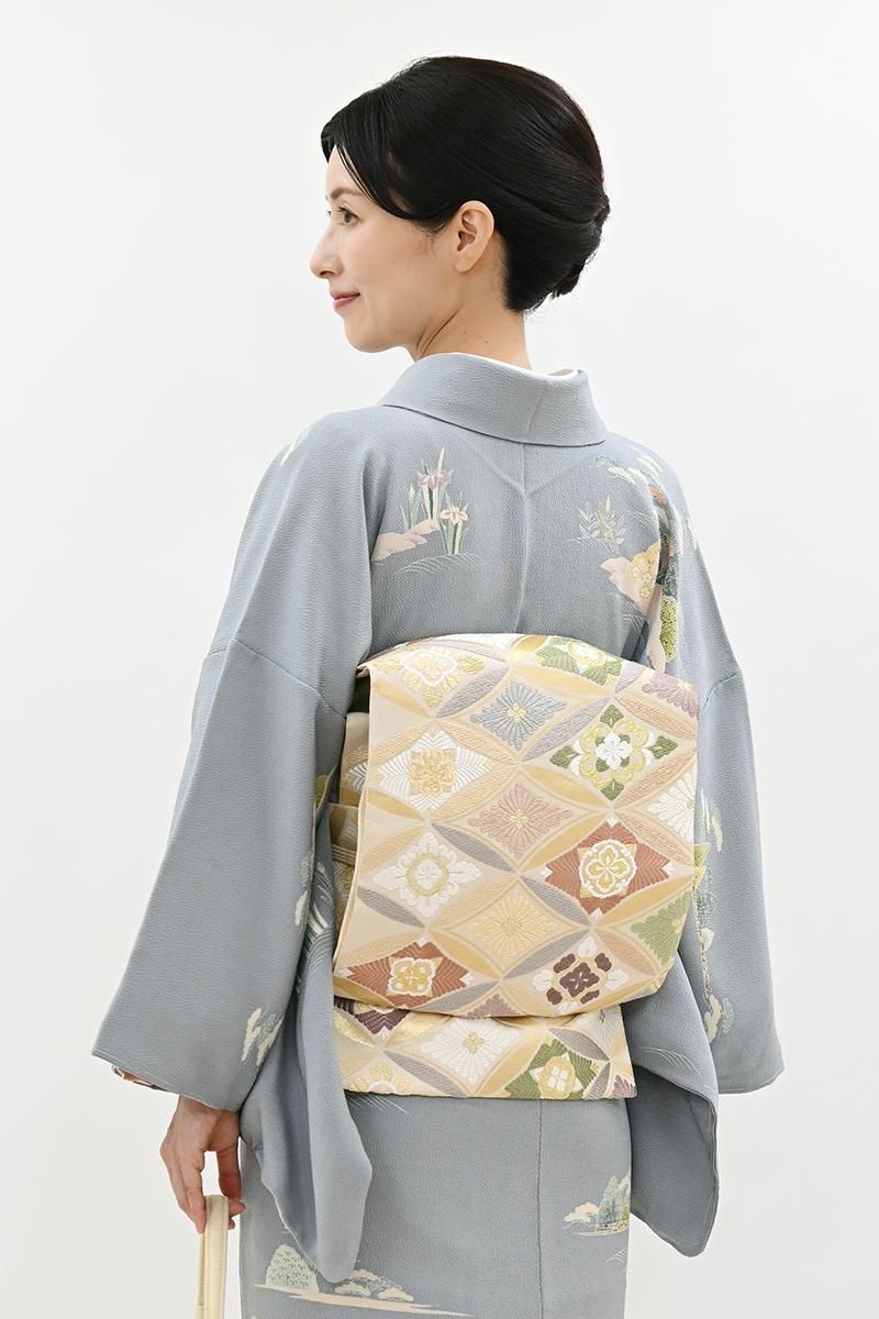 袋帯　金糸　うさぎ　兎　菊　流水　リーフ　着物　103 d 雪輪と兎と草花と＊袋帯 うさぎ 金糸 銀糸 礼装 A751 | kimono tento