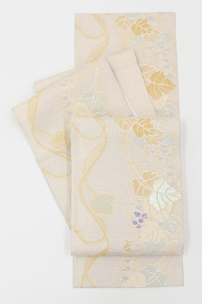 銀座【L-8479】誉田屋源兵衛製 袋帯 淡い象牙色 葡萄唐草文（落款入