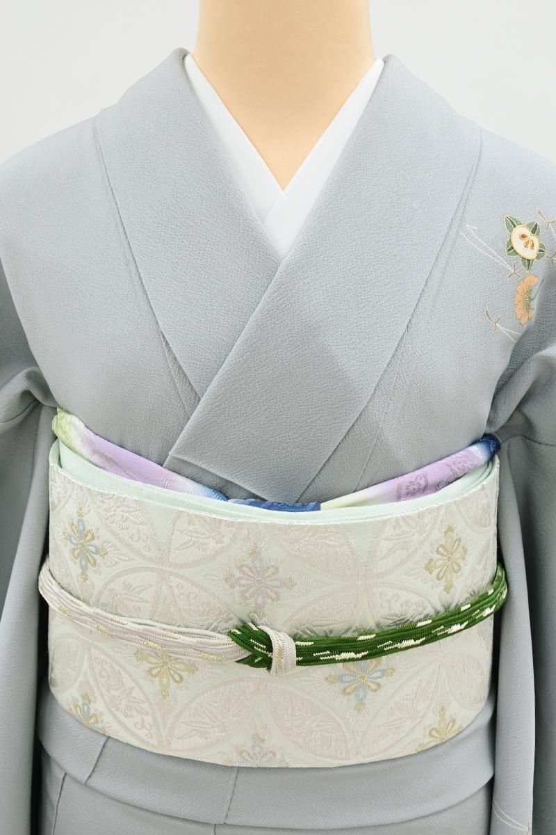 銀座【L-8480】西陣製 袋帯 淡い白緑色 七宝花文(反端付)(N